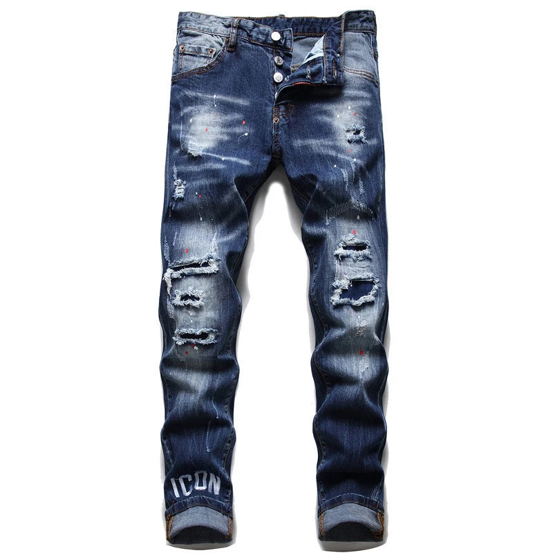 Men Blue Holes Ripped Denim