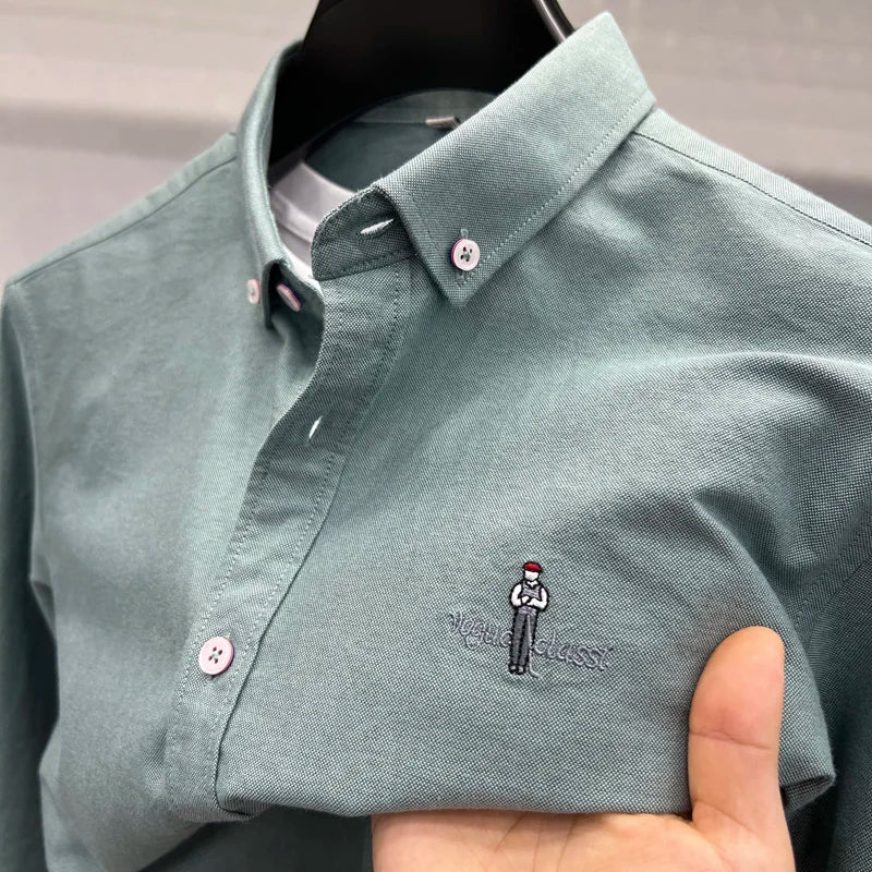 Fashion Brand Men's New Luxury Quality Autumn 100% Cotton Shirt Personalized Solid Color Exquisite Embroidery Long Sleeved Shirt