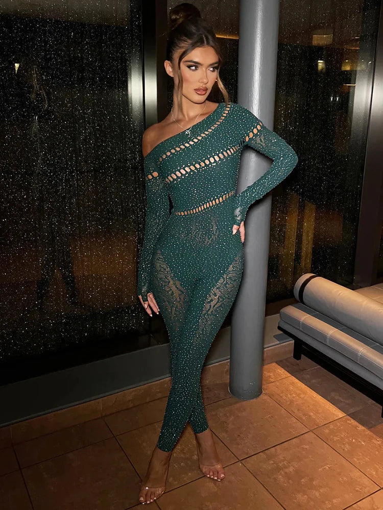 Sibybo Off Shoulder Long Sleeve Jumpsuits Women Fashion Rhinestones High Stretch Hollow Out Sexy Overalls Sparkly Party Rompers