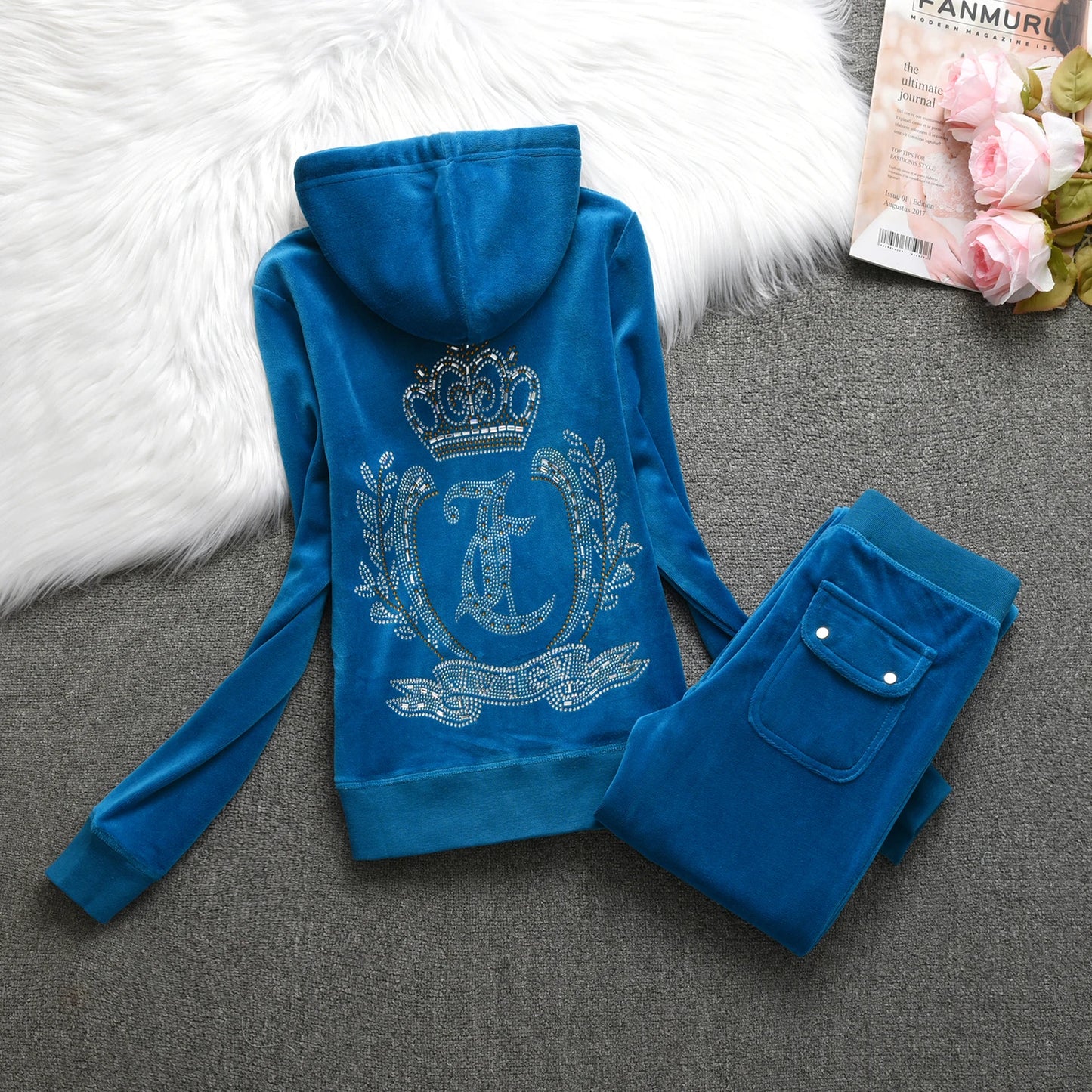 Velvet Tracksuit  New Winter Women Hooded Velvet Suit American Streetwear Casual Hooded Sweatshirt 2pc Casual Women's Suit