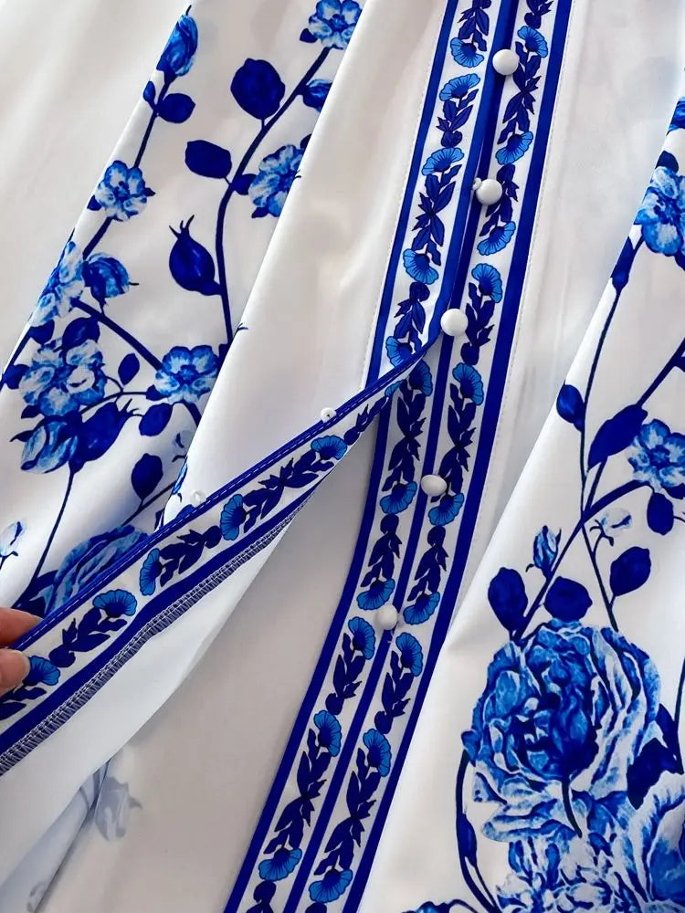 Fashion Blue And White Porcelain Flower Print Dress Women Clothing Long Lantern Sleeve Single Breasted Belt Vintage Vestidos