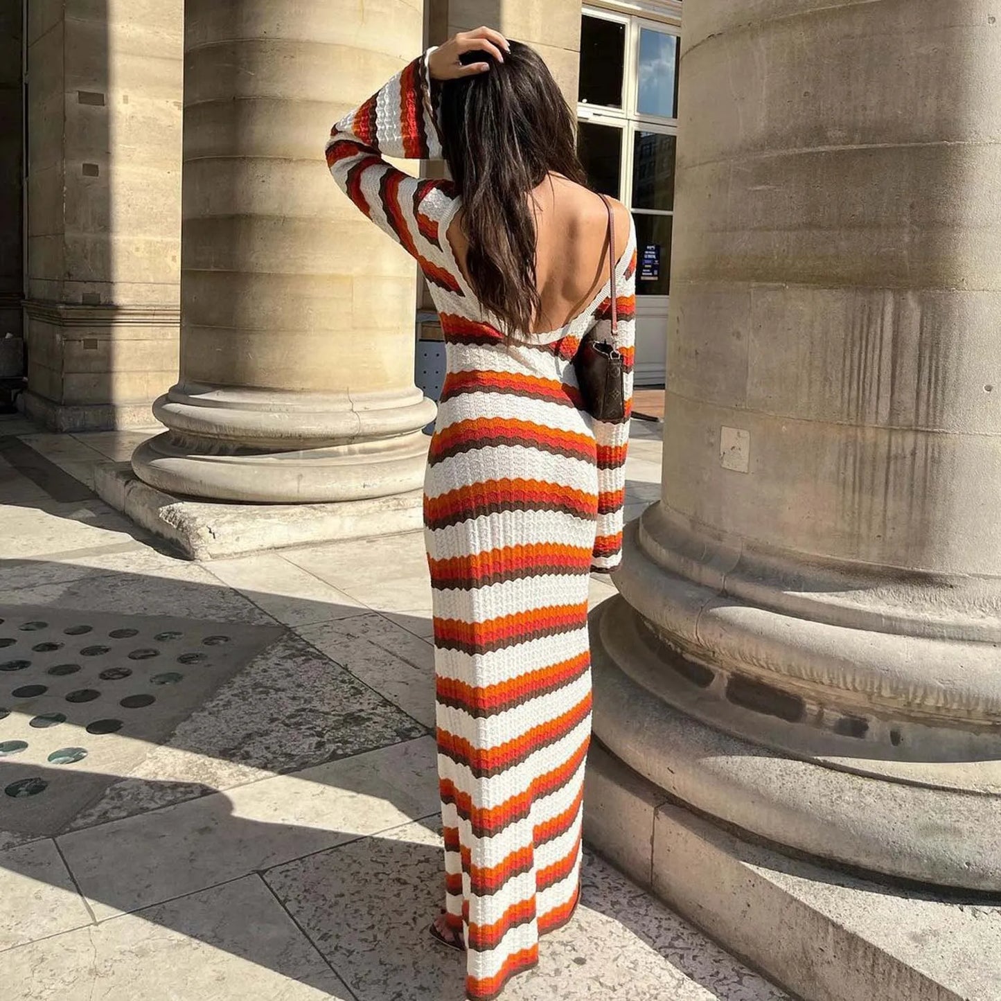 Knitted Hollow Out Dress Women's Striped Print Contrast Color Beach Vacation Long Dress female sexy backless Maxi Dress Vestidos