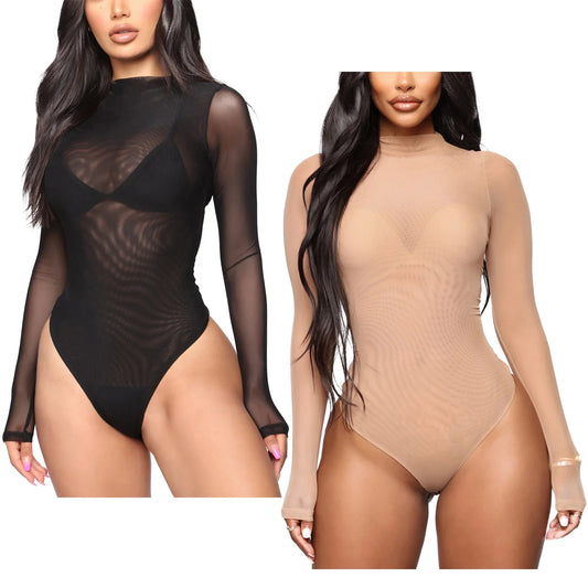 Womens Girls Fashion See-through Long Sleeve Bodysuit Lingerie Nightwear Crew Neck High Cut Leotard for Dating Nightclub Teddies