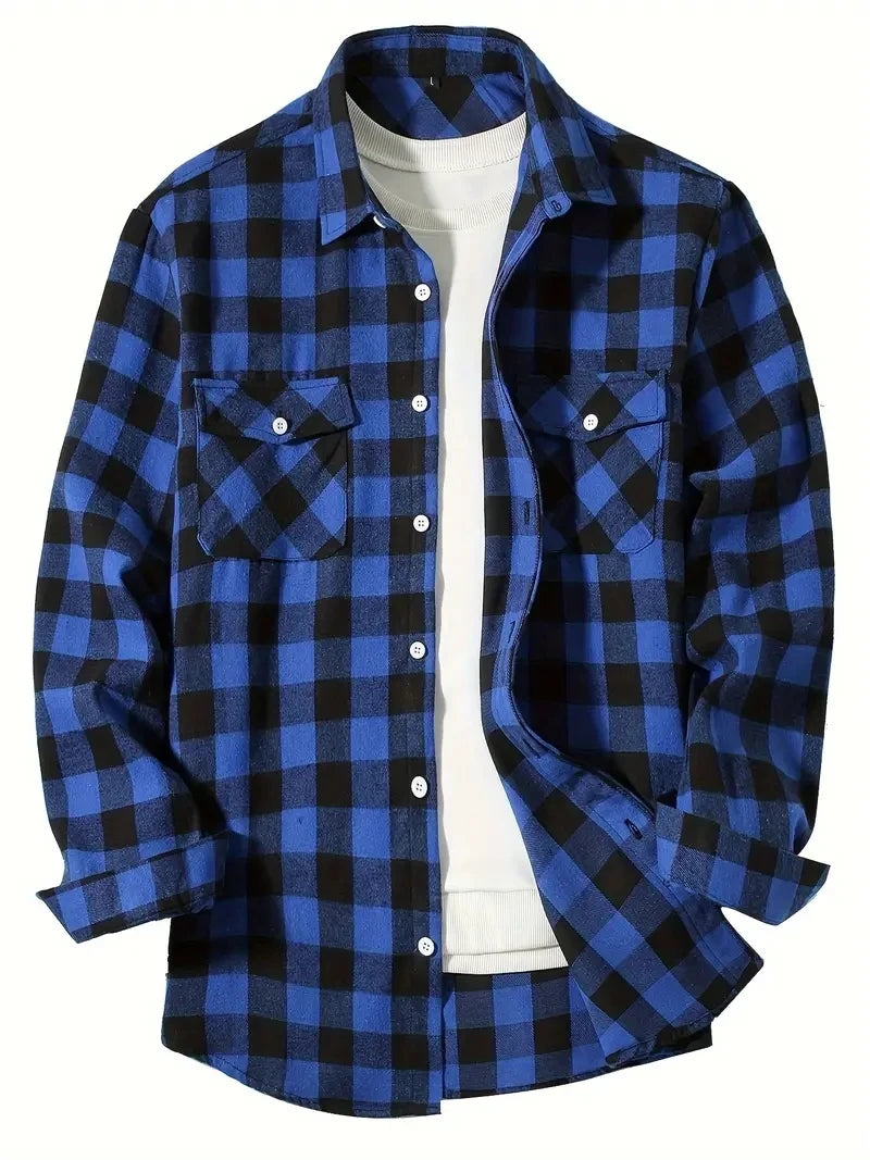 Men's Long-Sleeved Casual Button Shirt Plaid Regular Fit Classic Double Pocket Design Shirt Outerwear 6 colors