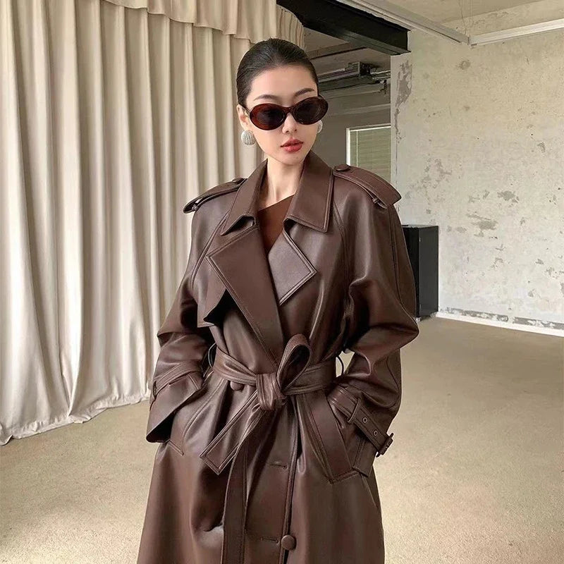 2024 Women New Fashion With Belt Long Style Single Breasted Faux Leather Coat Vintage Long Sleeve Pockets Female Outerwear