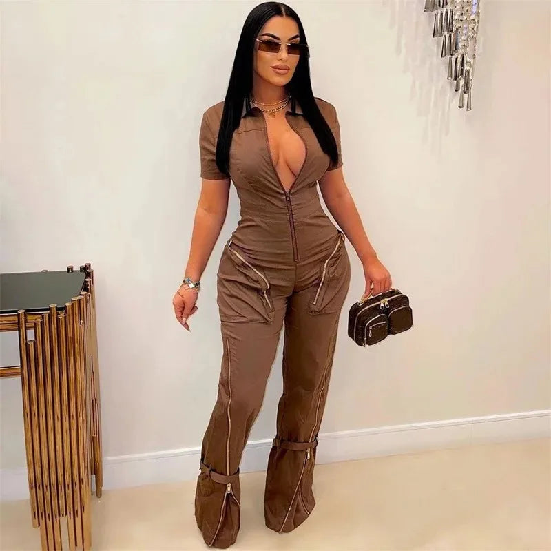 Streetwear Front Zipper Turn-down Collar Cargo Jumpsuit Women Short Sleeve Multiple Pockets One Pieces Romper Casual Overalls