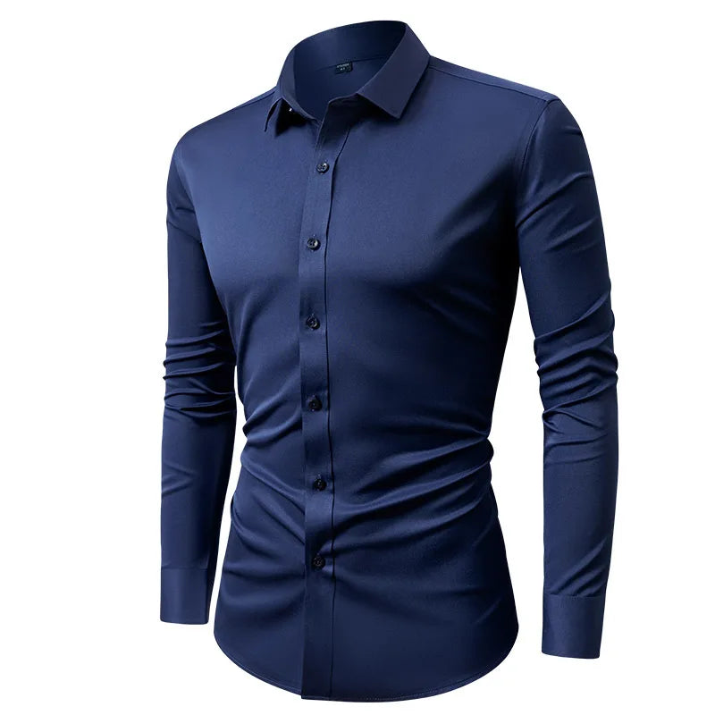 Men's Elastic Dress Shirt New Long Sleeve Spring Autumn Anti-wrinkle Free Ironing Business Comfort Fashion Breathable Slim Fit