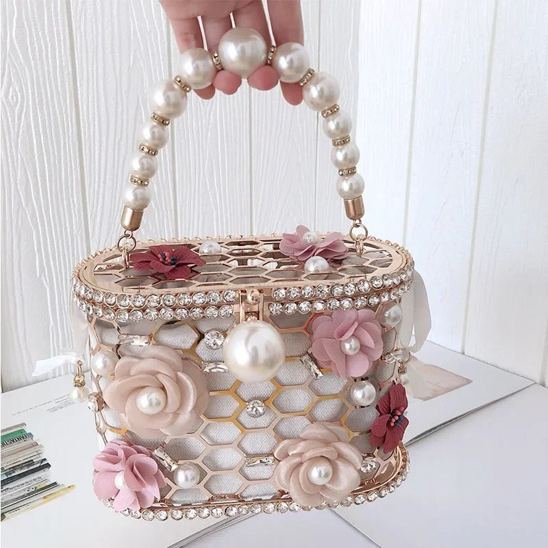 Clutch Purse Luxury for Women Pearl Crossbody Bag Metallic Diamond Handbag Evening Bag Large Capacity Women's Purse Wedding Bag