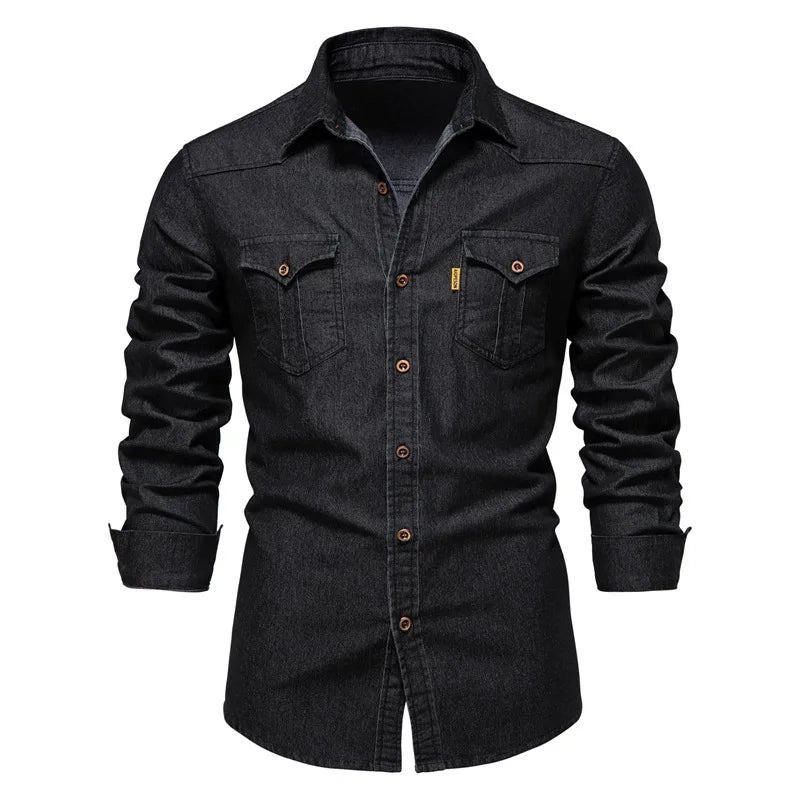 Fashion Autumn Cotton Denim Shirts Men Casual Long Sleeve Quality Cowboy Shirt Solid Color Slim Fit Elastic Jean Shirts for Men