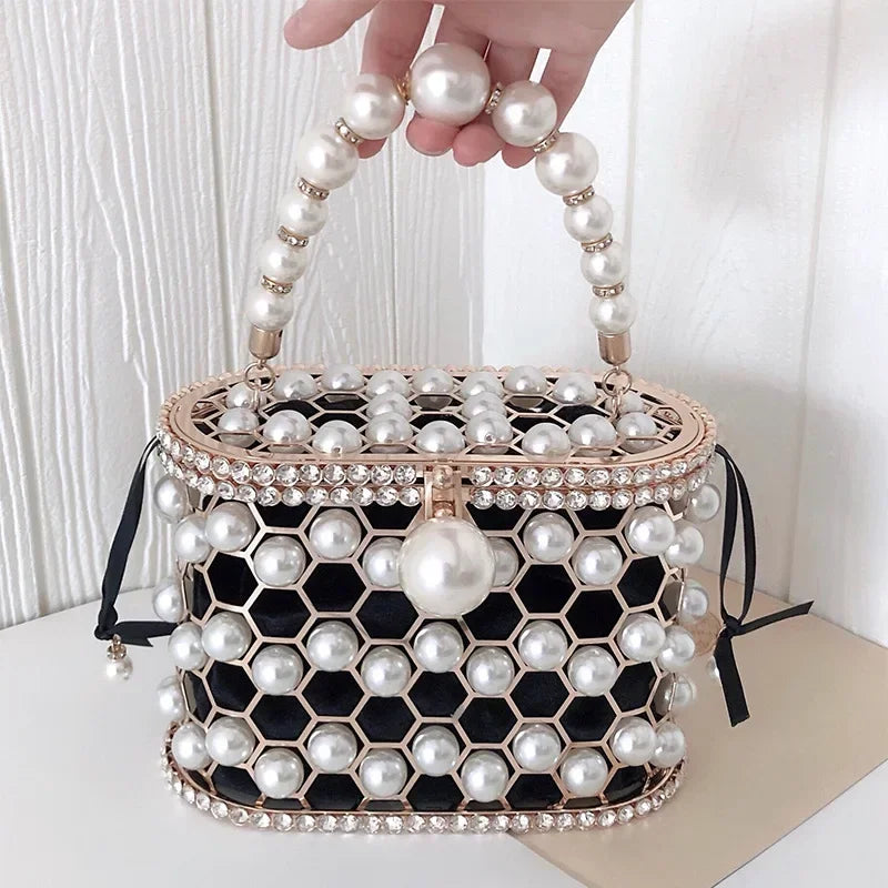 Clutch Purse Luxury for Women Pearl Crossbody Bag Metallic Diamond Handbag Evening Bag Large Capacity Women's Purse Wedding Bag