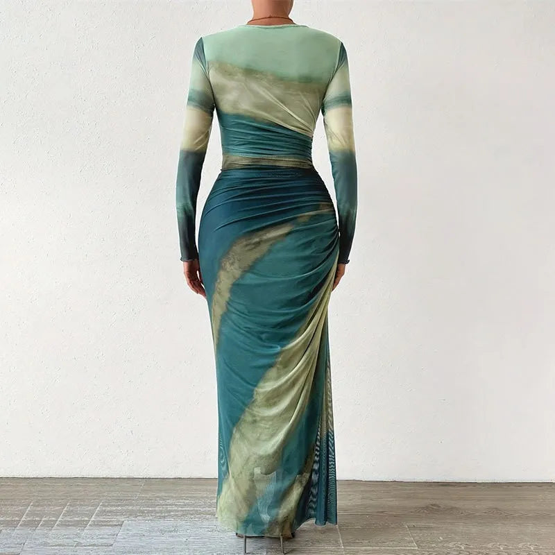 Tie Dye Green Mesh Corset Dress Autumn Elegant Women Dresses Bodycon Long Sleeve Dress Print Maxi Ruched Through Female Dress