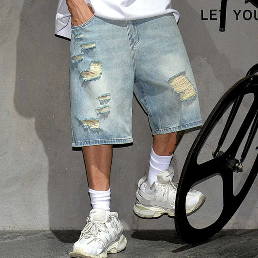 Summer High Quality Vintage Ripped Denim Shorts Men'S Clothing Hip Hop Jorts Streetwear Blue Shorts Korean Fashion Baggy Jeans