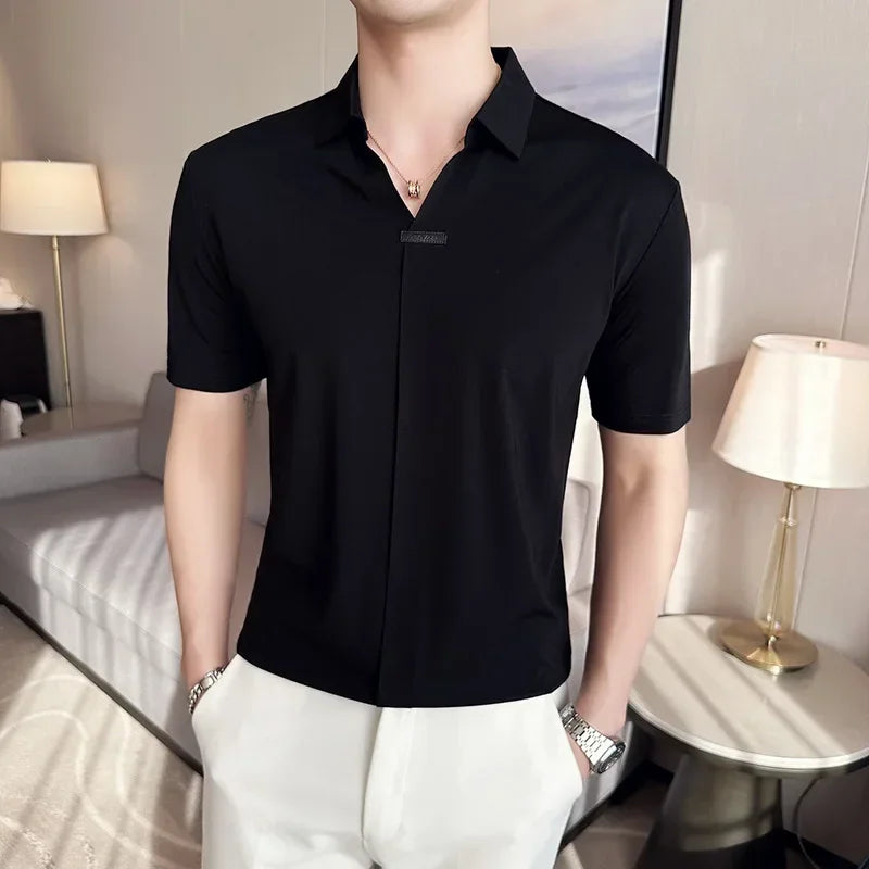 High Elasticity Mens Short Sleeved T-shirt 2024 Summer Breathable and Soft Solid Casual Slim Fit Ice Silk T-shirt Men Clothing