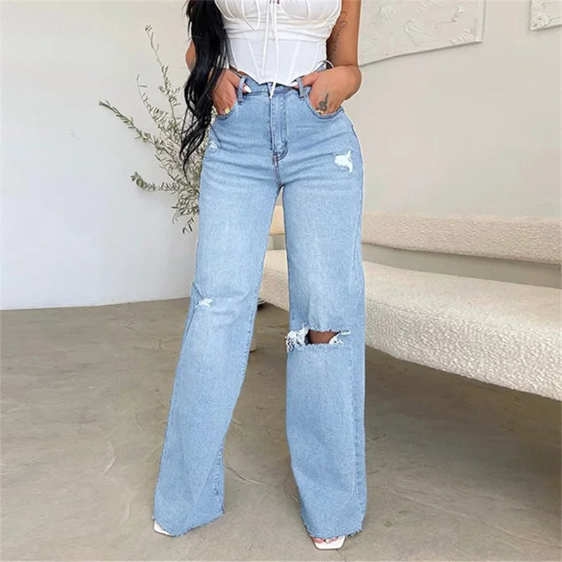 New Knee Broken Holes Hollow Out Straight Jeans Women High Waist Button Splicing Denim Pants Female Casual Wide Leg Trousers