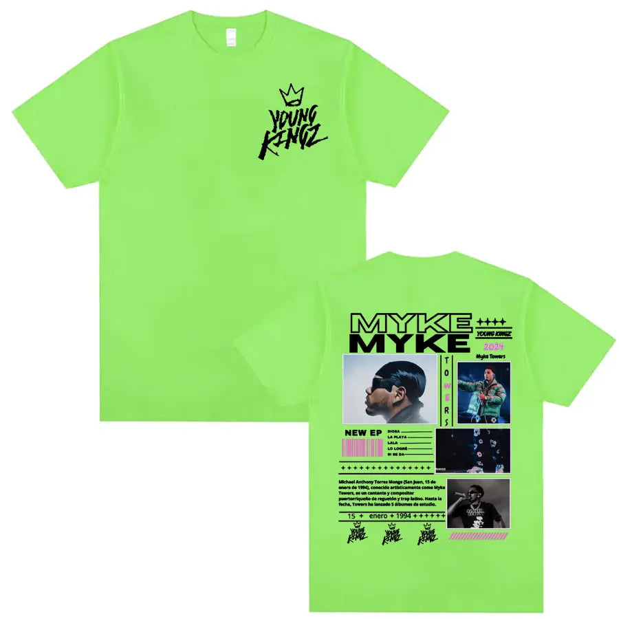 Rapper Myke Towers Young Kingz Album Graphics T Shirts Men Women Fashion Vintage Hip Hop T-shirt Casual Cotton Oversized T Shirt