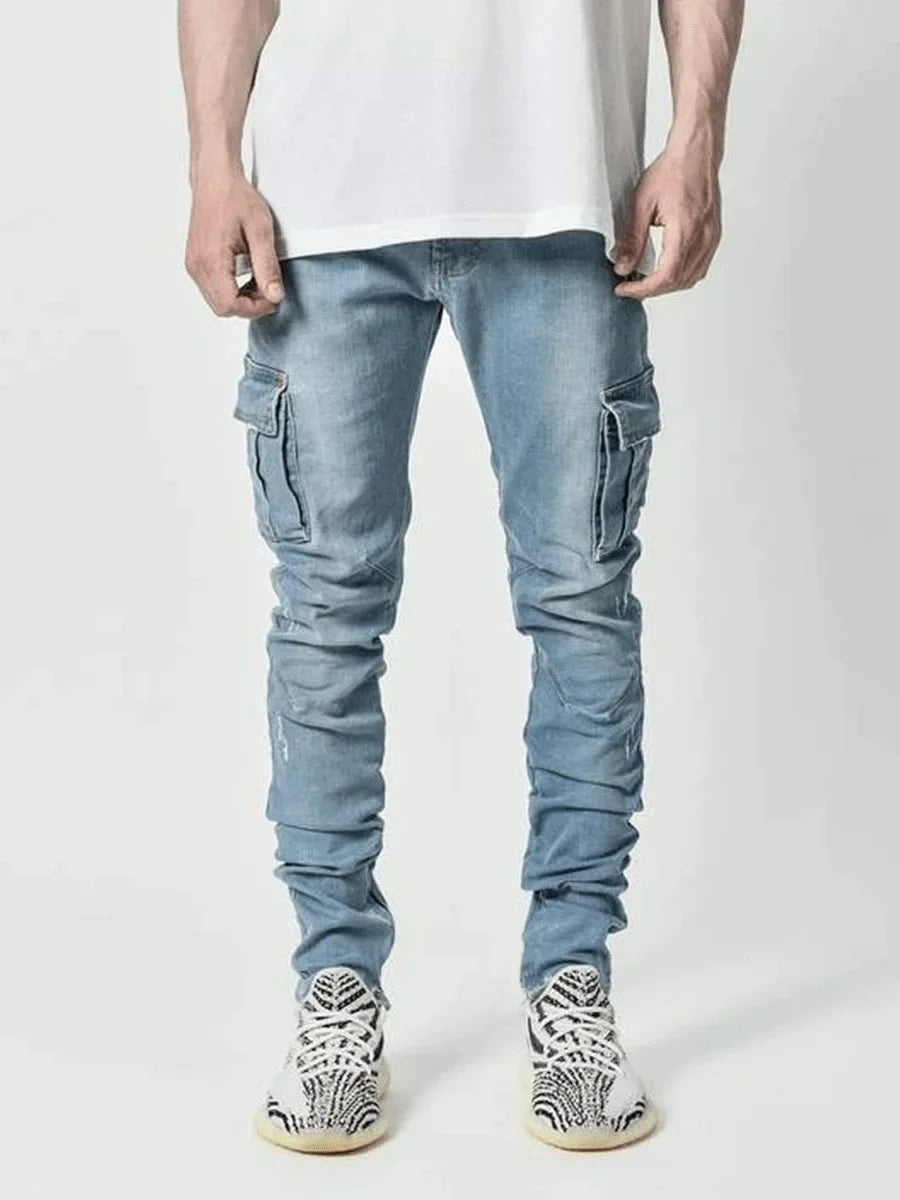 new Jeans Men Pants Wash Solid Color Multi Pockets Denim Mid Waist Cargo Jeans Plus Size Fahsion Casual Trousers Male Daily Wear