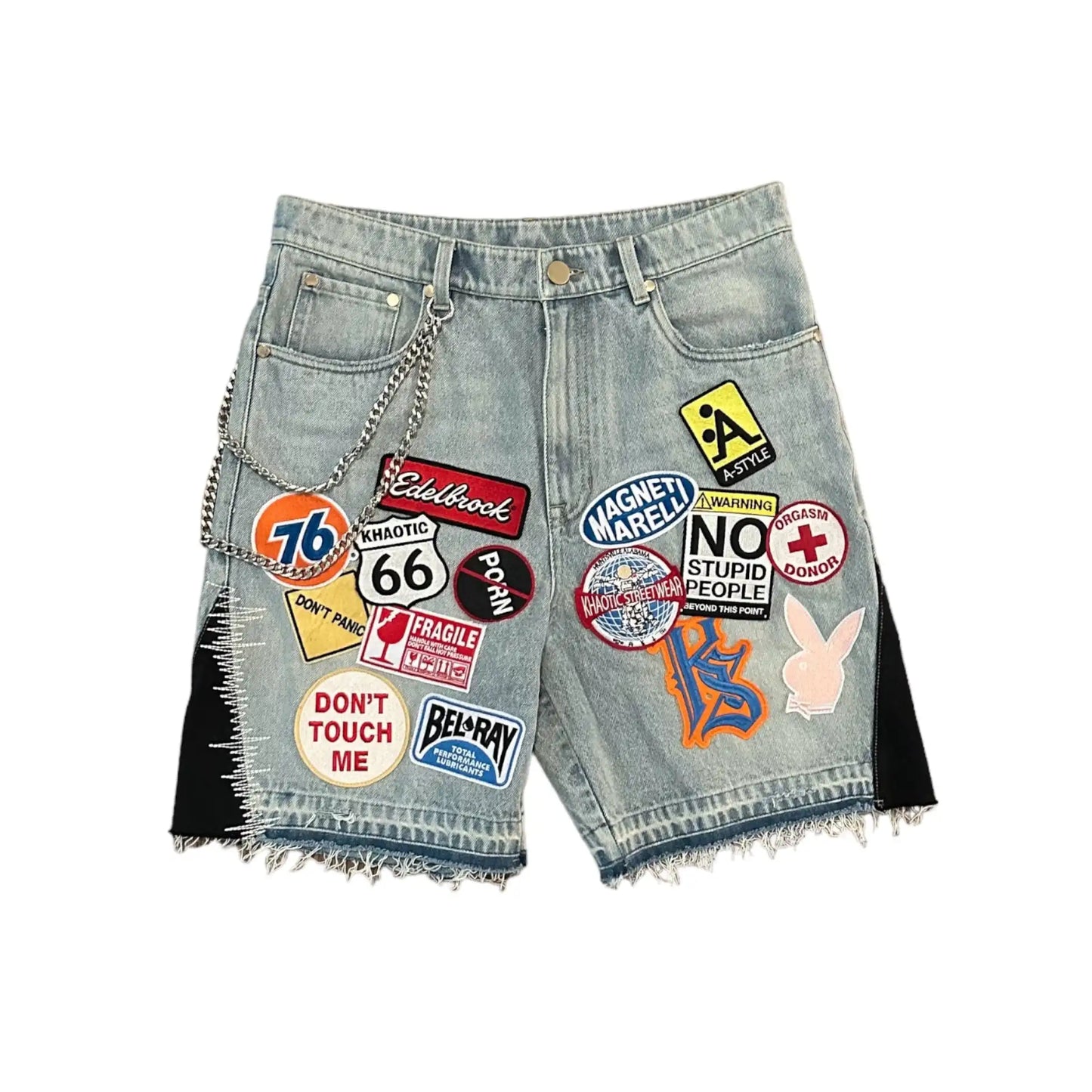 Streetwear Retro Patchwork Denim Short Y2K Jeans Men Women Hip Hop Cartoon Graphics Retro Blue Loose Denim Fitness Casual Shorts