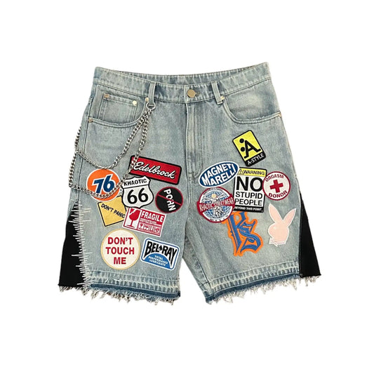 Streetwear Retro Patchwork Denim Short Y2K Jeans Men Women Hip Hop Cartoon Graphics Retro Blue Loose Denim Fitness Casual Shorts