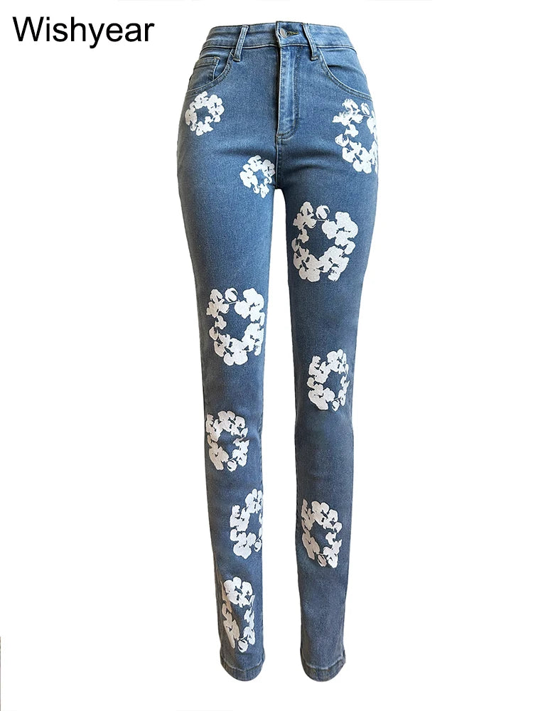 Fashion Spring Cotton stretch Flower Print Blue Jeans