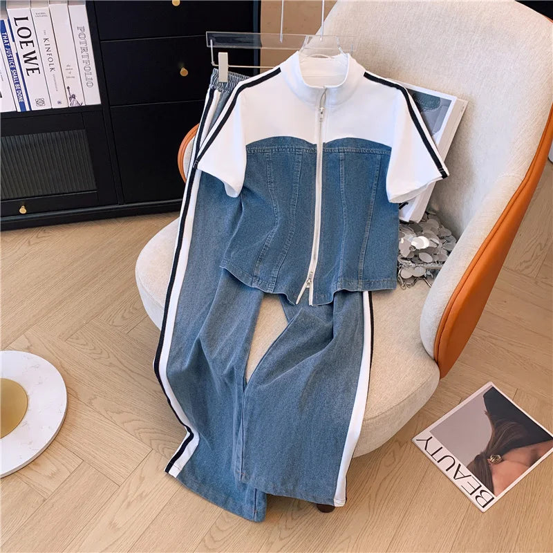 Summer New Stitched Zipper T-shirt top Female Set Elegant Women's Jeans Casual Blouse Two Piece Set Ladies Tracksuits big