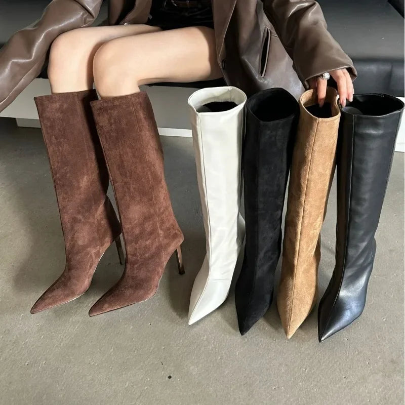 Fashion Retro Minimally Pointed Suede slim High Heels Knight Boots slip-on Knee-high Women's Shoes Pumps Botas De Mujer