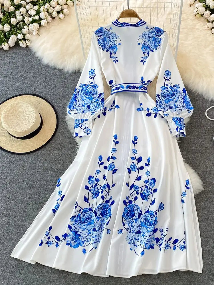 Fashion Blue And White Porcelain Flower Print Dress Women Clothing Long Lantern Sleeve Single Breasted Belt Vintage Vestidos