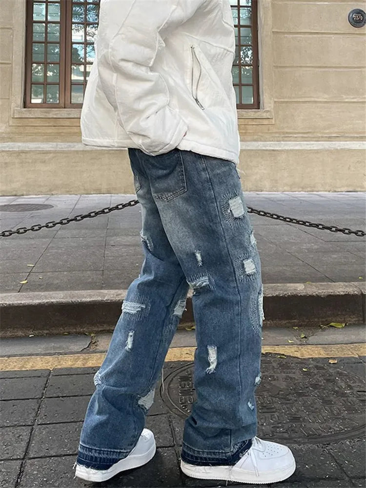 Blue High Street Jeans Men's Solid Color Hole Do Old Straight Leg Pants Loose Button Pockets Y2K Trousers A170