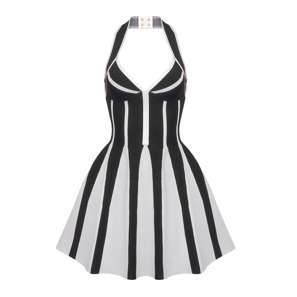 VC Jacquard Halter Short Dress Black and White Vertical Stripes Sleeveless Hanging Neck Pleated Knit Mini Lengh Cocktail Party D