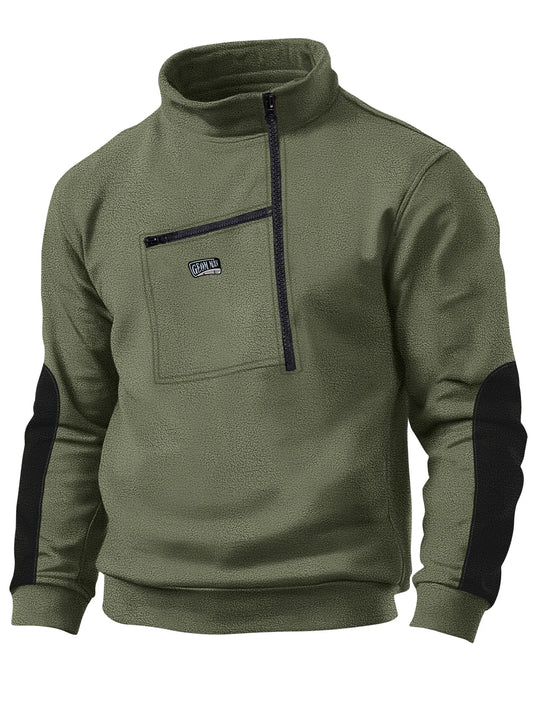 Men's autumn and winter casual winter fleece stand collar half zip long sleeve tactical pocket embroidered hoodie jumper