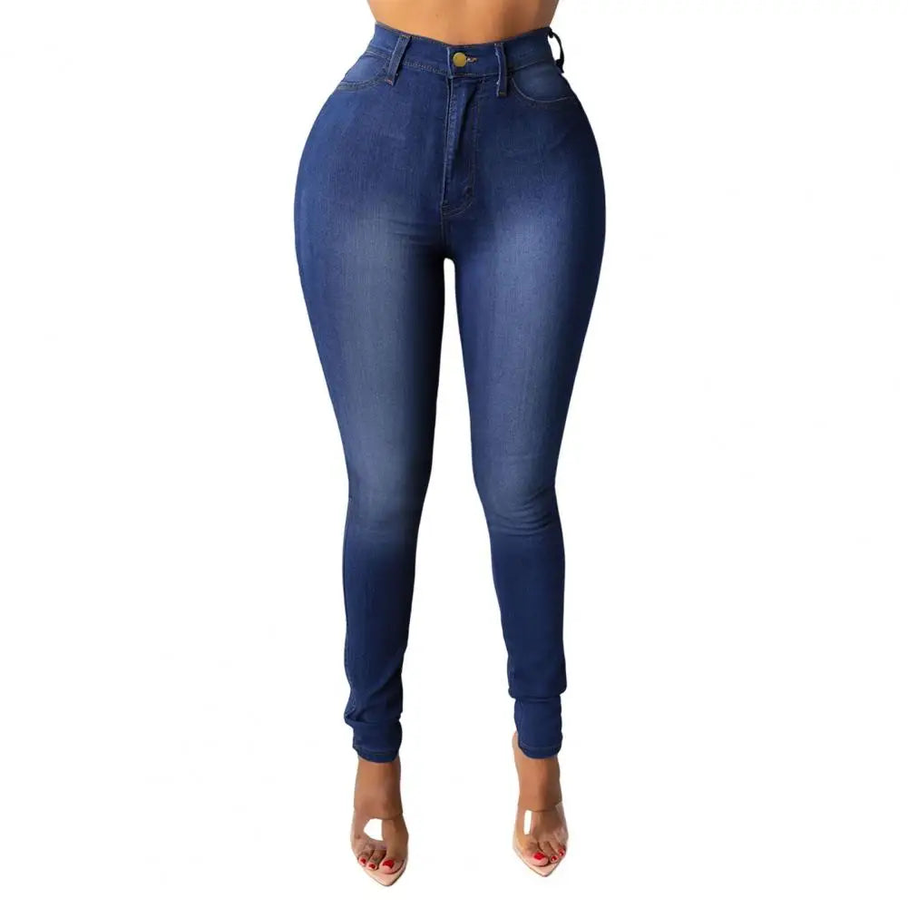 Women Jeans High Waist Women's Skinny Fit Washed Jeans with Zipper Button Fly Pockets Solid Color Denim Pencil for Streetwear