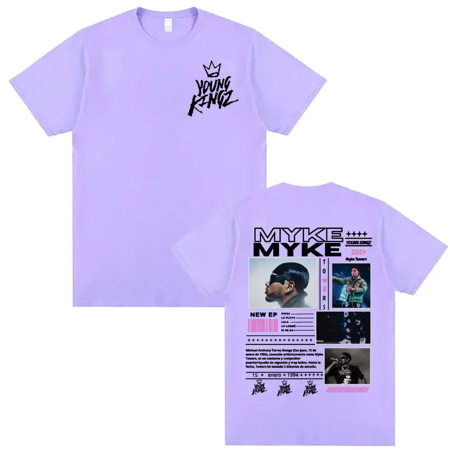 Rapper Myke Towers Young Kingz Album Graphics T Shirts Men Women Fashion Vintage Hip Hop T-shirt Casual Cotton Oversized T Shirt