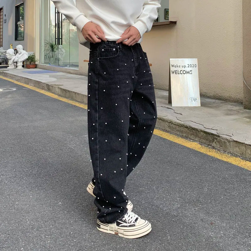 Korean Fashion Straight Jeans Men Heavy Industry Beads American Street Wear New Loosen Fit Mid Waist Denim Pants Autumn