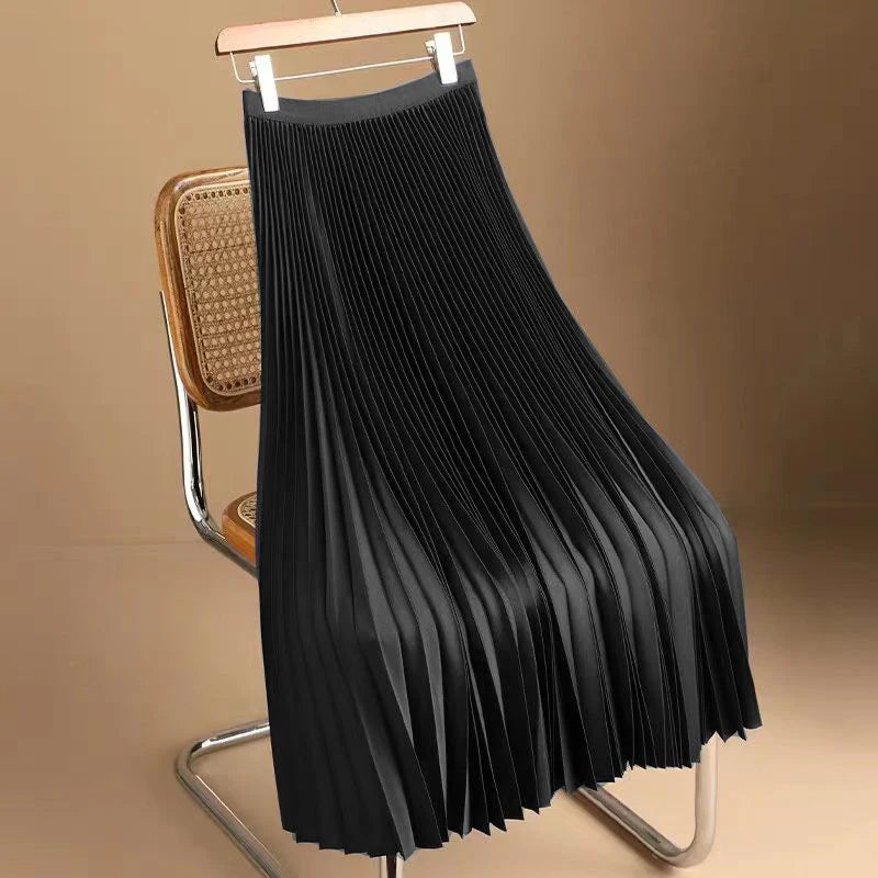 Elegant Green Pleated A Line Skirts for Women 2024 Fashion Satin High Waist Long Skirts Woman Spring Summer Solid Basic Skirt