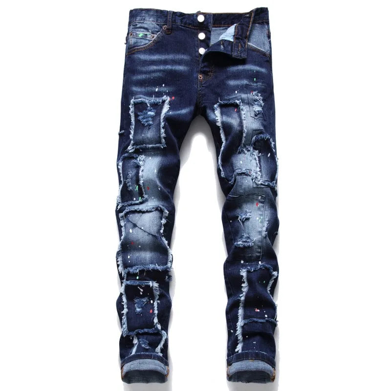 Men Blue Holes Ripped Denim