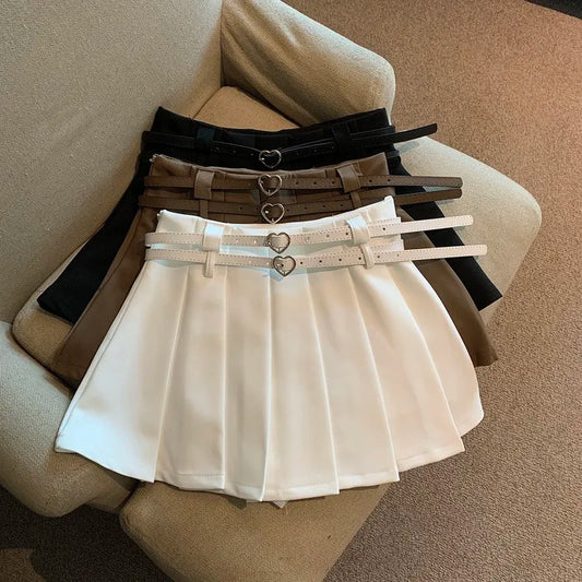 Women Pleated Mini Skirt with Dual Heart Belt for Teen-girl High Waist Tennis Skirt Preppy Summer Y2K Outfit