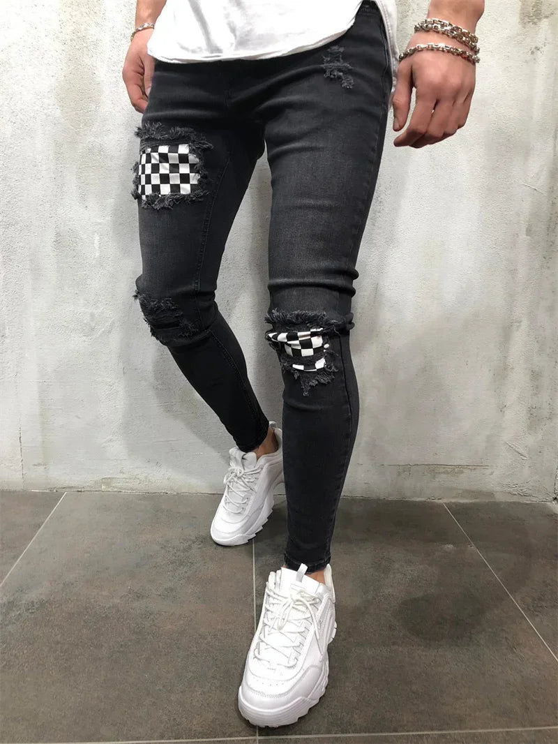 Men Casual Checkerboard Print jeans