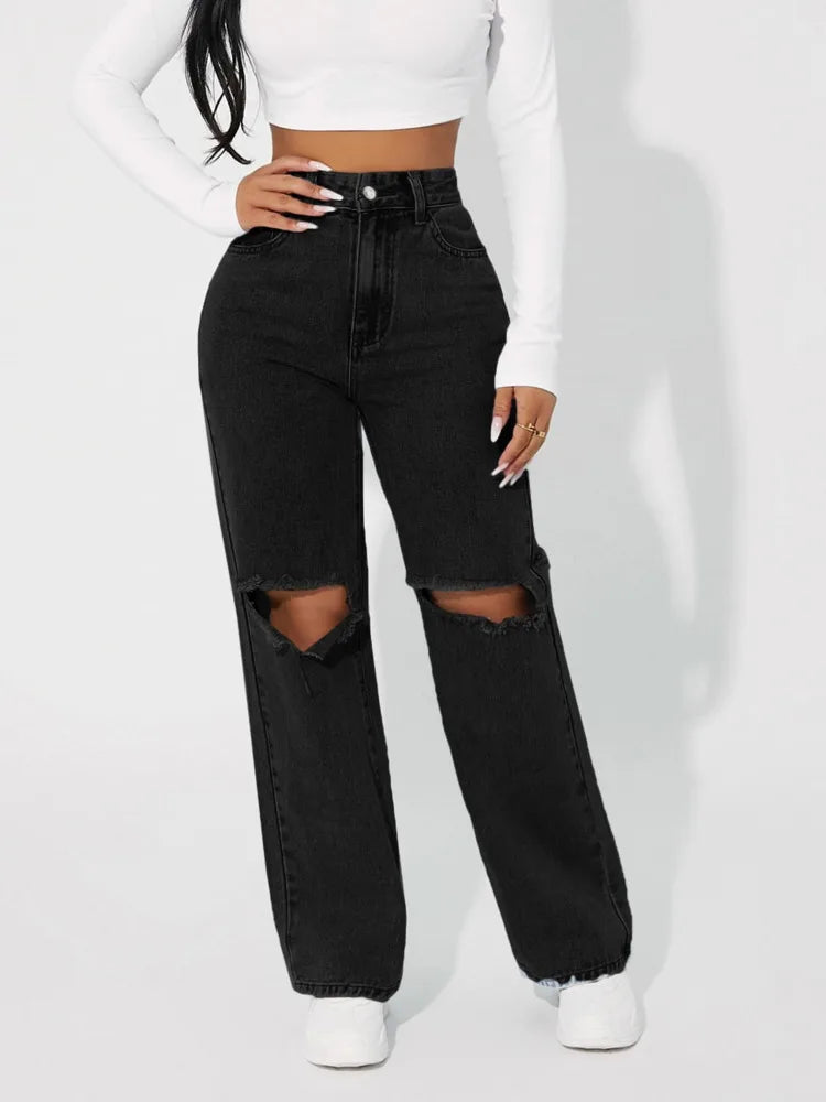 Fashion Hole In Knee Jeans Woman Loose Boyfriend Jeans