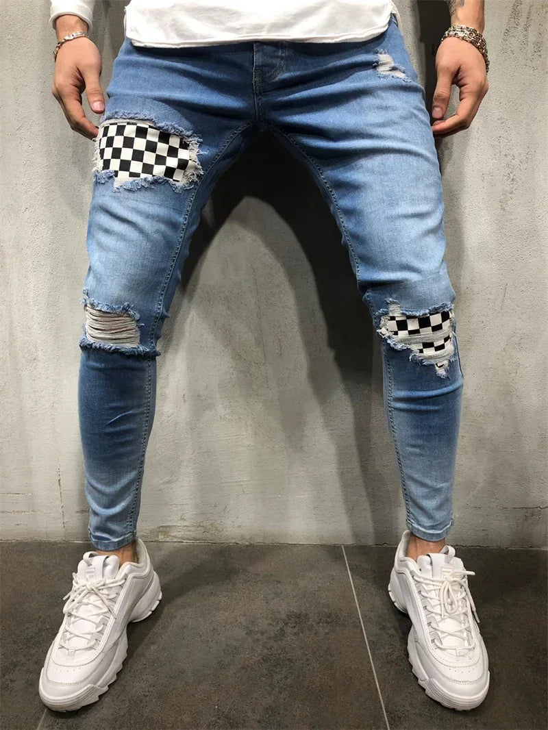 Men Casual Checkerboard Print jeans