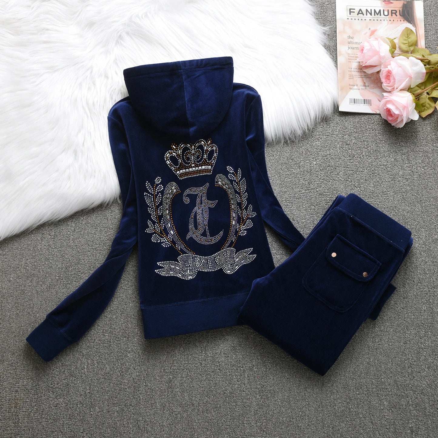 Velvet Tracksuit  New Winter Women Hooded Velvet Suit American Streetwear Casual Hooded Sweatshirt 2pc Casual Women's Suit