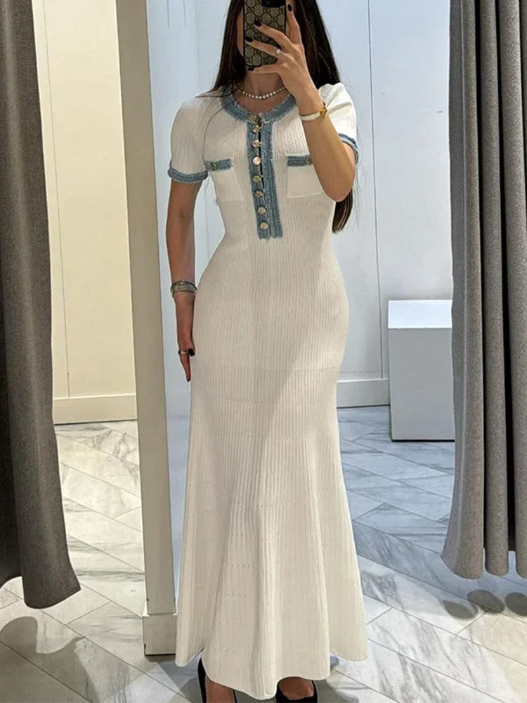 Elegant V Neck Denim Patchwork Knitted Long Dress