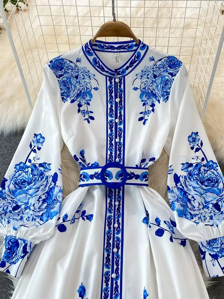 Fashion Blue And White Porcelain Flower Print Dress Women Clothing Long Lantern Sleeve Single Breasted Belt Vintage Vestidos