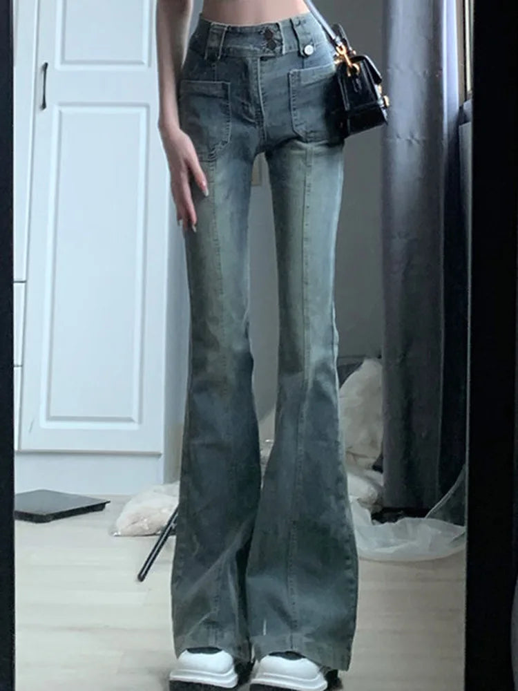 Pockets Vintage High Waist Skinny Jeans Female Hong Kong Style Denim Bell Bottom Pants Spicy Girl Blue Oversized Boot Cut Jeans