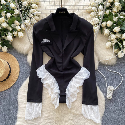 Hotsweet Turn-down Collar Elegant Long Sleeves Chic Lace Spliced Bodysuits Slim Top Korean Sexy High Street Autumn Jumpsuit