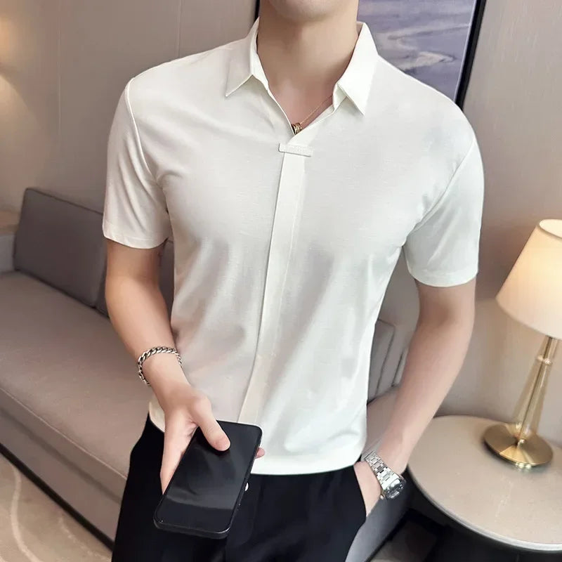 High Elasticity Mens Short Sleeved T-shirt 2024 Summer Breathable and Soft Solid Casual Slim Fit Ice Silk T-shirt Men Clothing