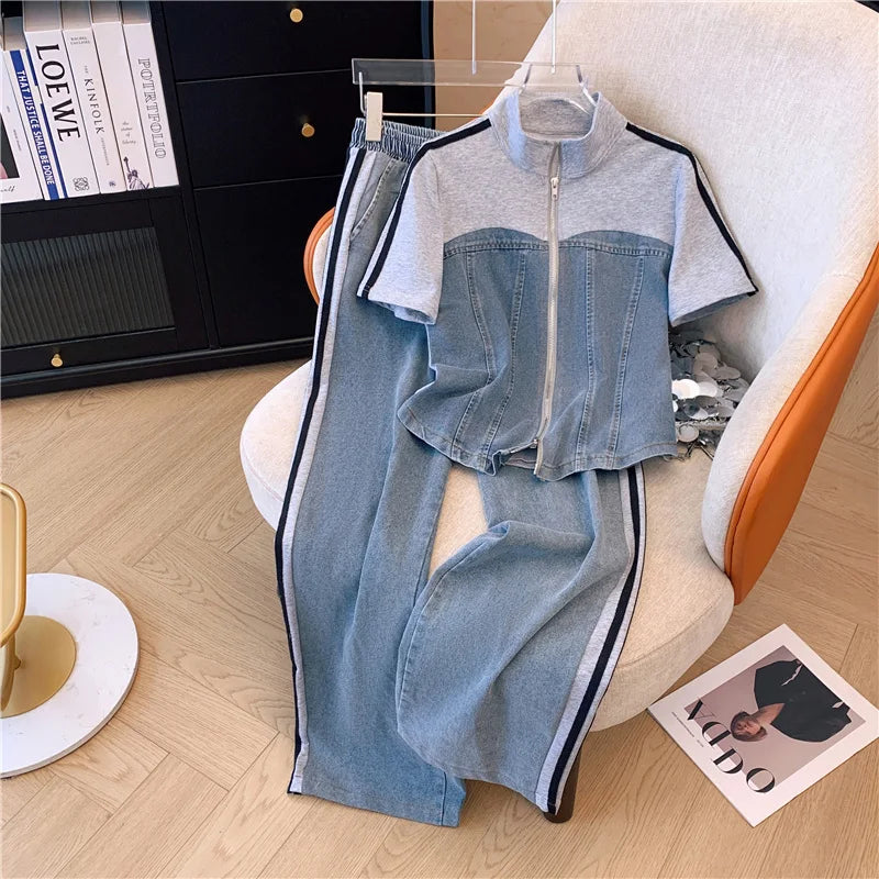 Summer New Stitched Zipper T-shirt top Female Set Elegant Women's Jeans Casual Blouse Two Piece Set Ladies Tracksuits big