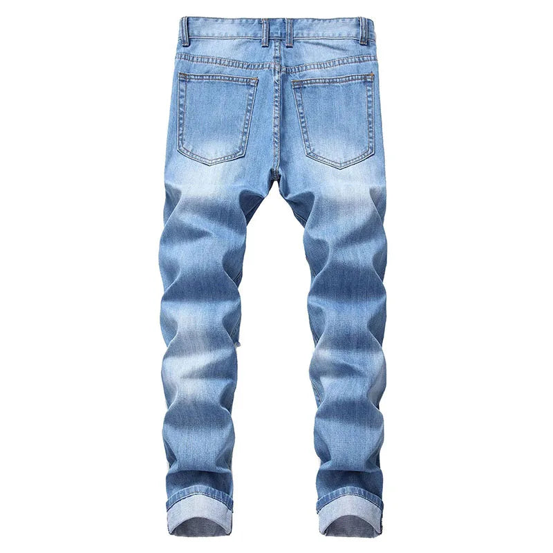 New Mens Jeans Brands Straight Jeans Men Zipper Hole Streetwear Casual Pants Denim Trousers Pantalones Hombre Y2K Clothing