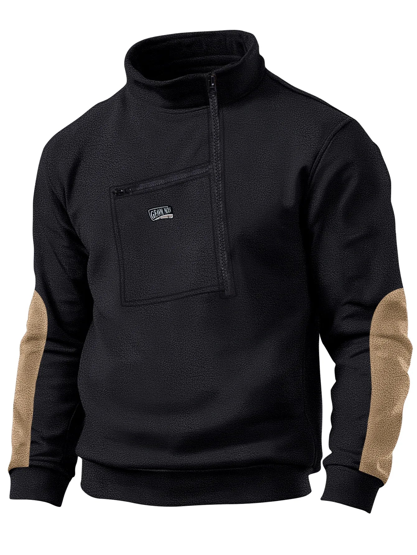 Men's autumn and winter casual winter fleece stand collar half zip long sleeve tactical pocket embroidered hoodie jumper