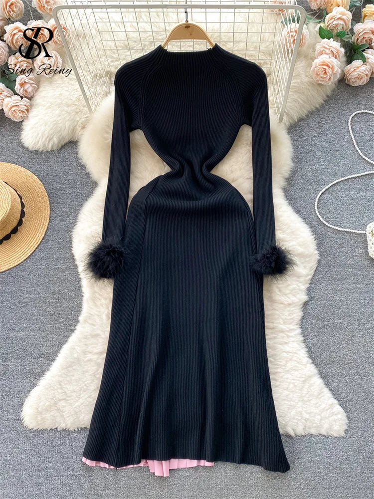 SINGREINY Senior Knitted Dress Fashion O Neck Feather Long Sleeve Women Drawstring Color Block Splicing Pleated Long Dress