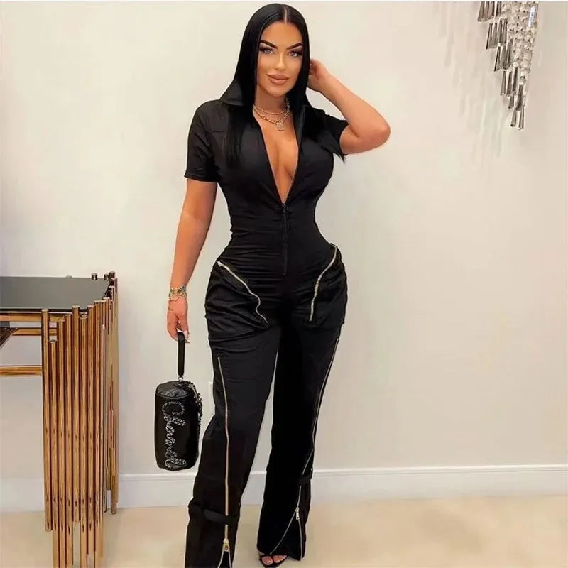 Streetwear Front Zipper Turn-down Collar Cargo Jumpsuit Women Short Sleeve Multiple Pockets One Pieces Romper Casual Overalls