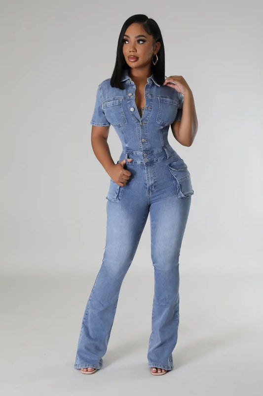 Multi Pockets Wide Leg Jeans Jumpsuit Sexy Women Turn Down Collar Elegant Denim Casual Romper Overalls